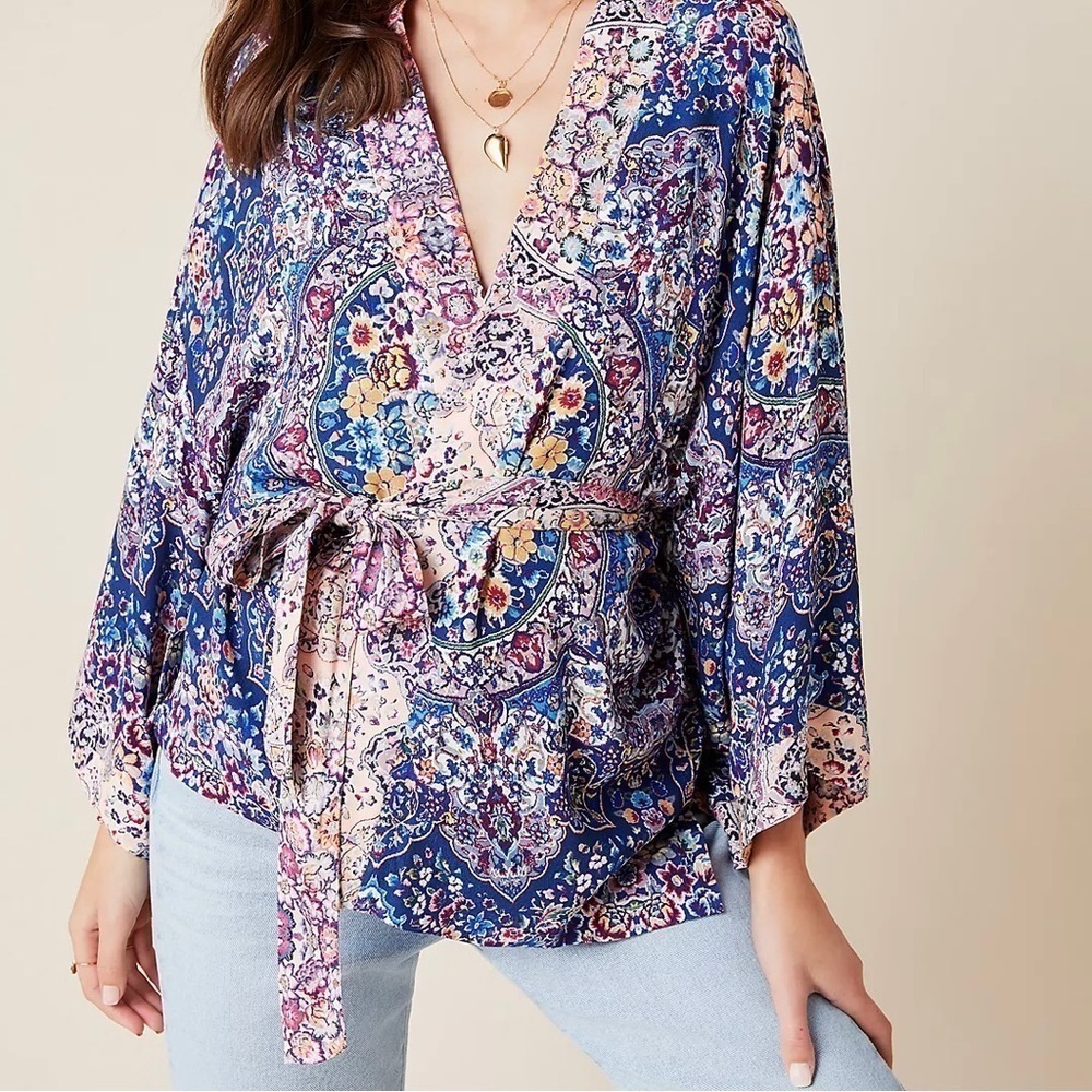 Anthropologie Kachel Jasmine Boho Kimono in Blues and Pinks Size‎ One Size